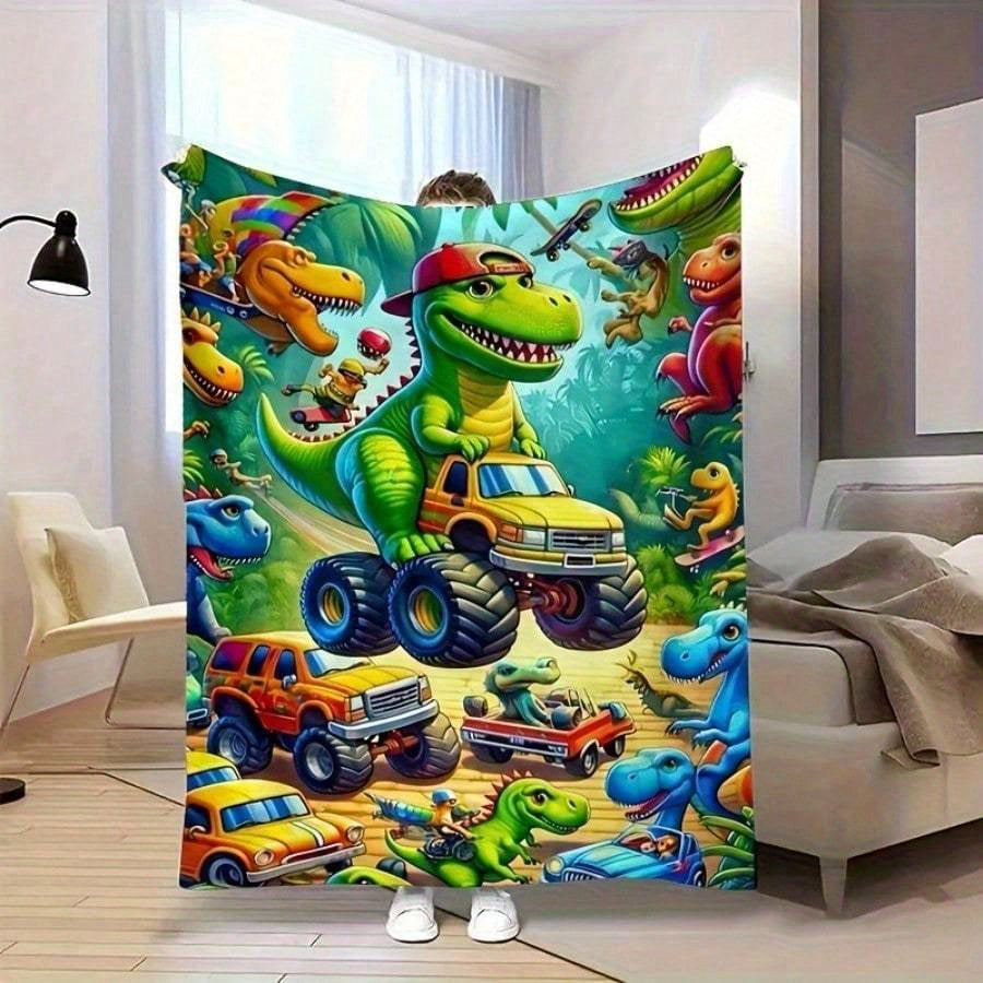 Vibrant Dinosaur Truck Flannel Blanket - 280gsm Heavyweight 100% Polyester All-Season Soft & Durable, Cartoon Dinosaur Design with T-Rex, Triceratops