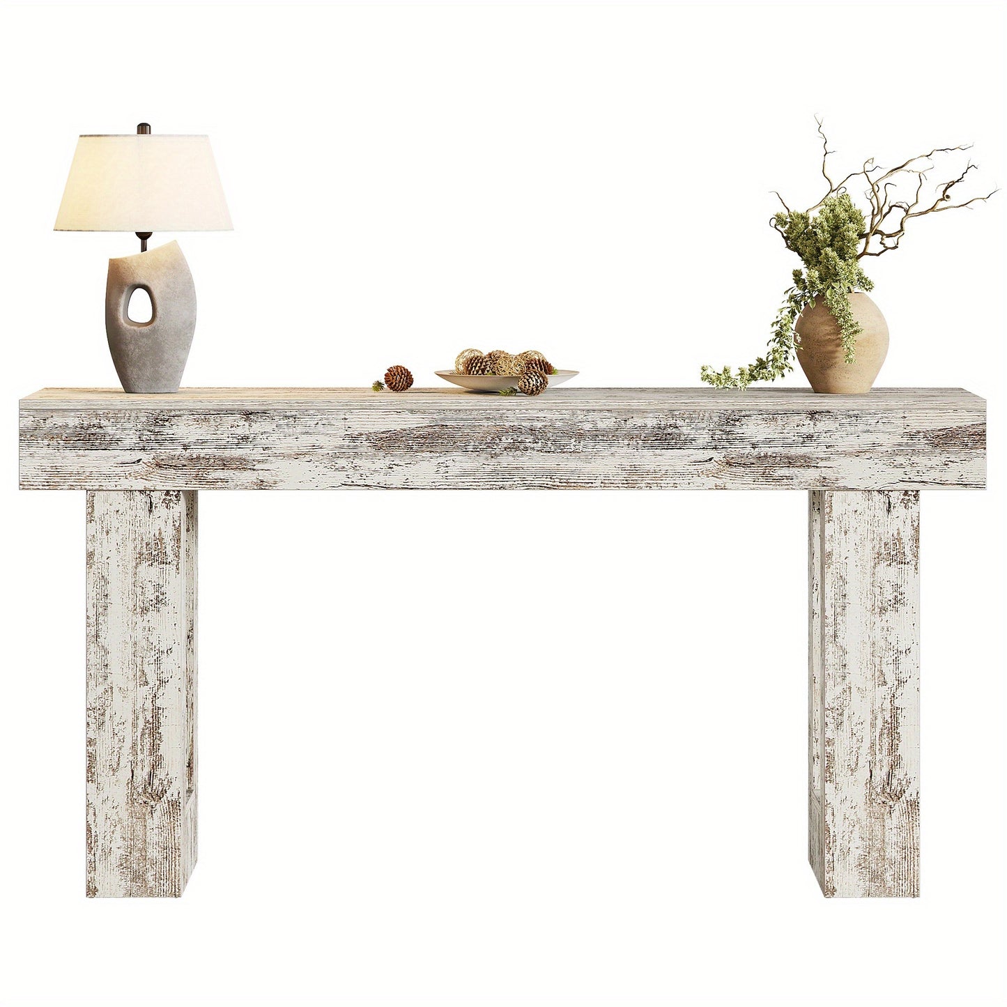 63" Farmhouse Console Table, Natural Wooden Sofa Table Rectangular Accent Console for Entryway, Hallway & Living Room (Distressed White)