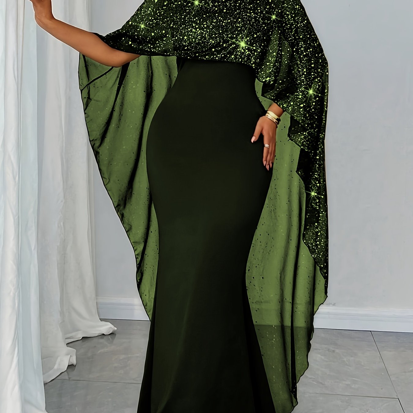 Plus Size - Plus Size - Women'S Elegant Dress with Star-Speckled Cape Sleeves - Stretchy Summer Party & Formal Attire, Plus Size Fitted Top & Flowy Skirt, Machine Washable, Elegant Outfit | Flowy Skirt Gown | Sleek Black Dres