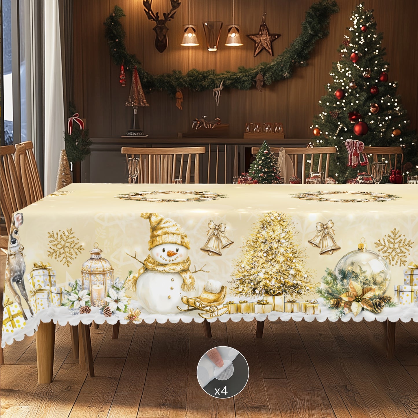 1pc Golden Christmas Happy Theme Printed Tablecloth, Retro Farmhouse Style, Snowman, Elk, Christmas Tree Pattern Design, Christmas, New Year Party, Party Decoration, Kitchen Accessories, Room and Outdoor Decoration, Gift for