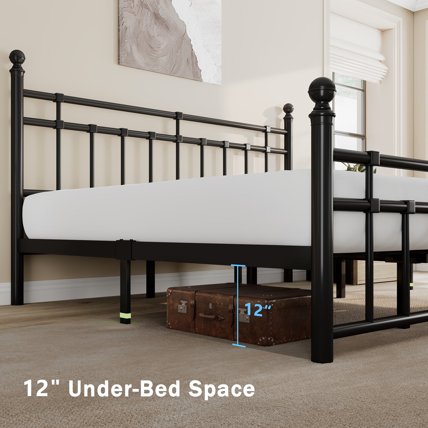 Heavy-Duty Metal Bed Frame, Platform Bed with Classic Wrought Iron-Art Headboard And Footboard, 12" Underbed Space, Easy Assembly, Black, Bed Frame Without Mattress