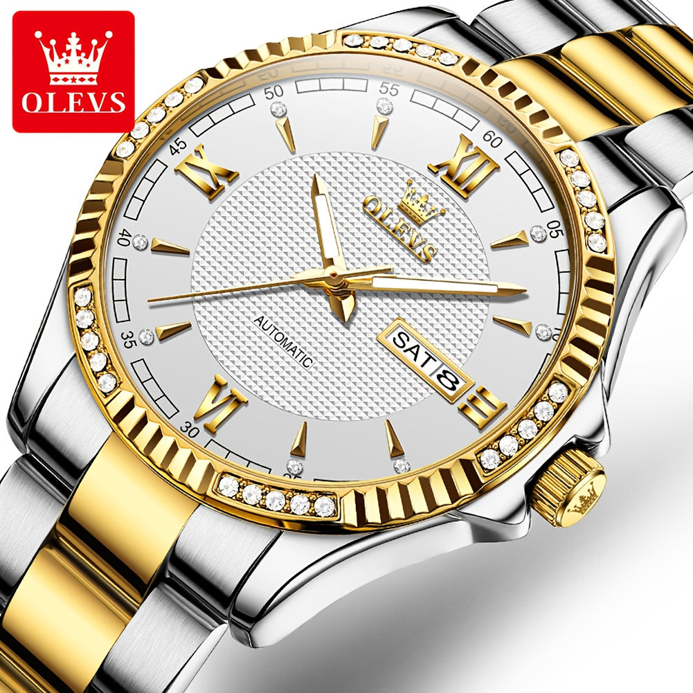 OLEVS Luxury Men'S Automatic Mechanical Watch with Luminous Hands & Dual Calendar - Stainless Steel Business Chronograph, Golden-Tone Dial, High Quality (1181.1inch) - Self-Winding Movement, No Battery/Easy Maintenance, Elega