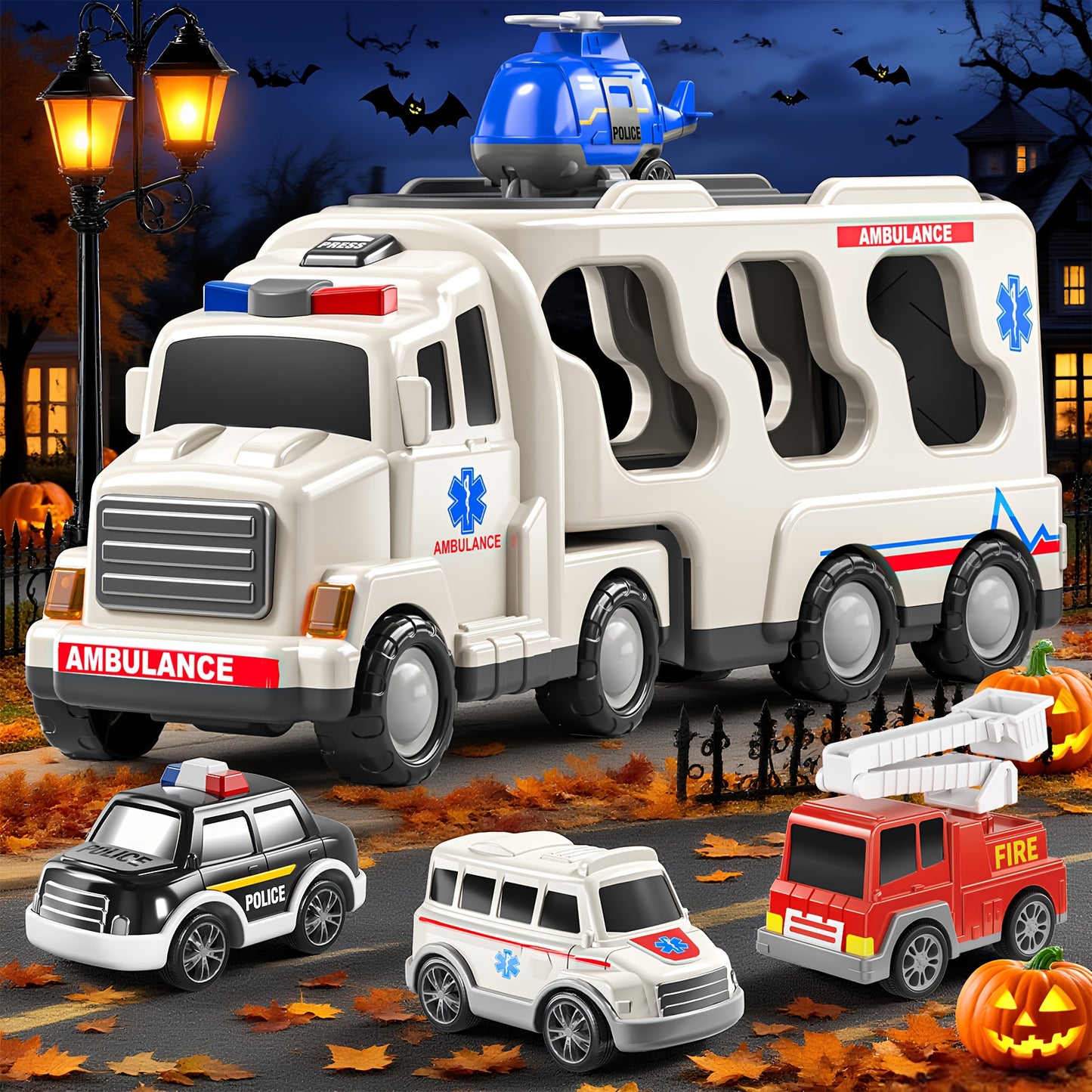 Babyhome Ambulance Truck 5 in 1 with Lighting & Sound, Friction Power Vehicle, Rescue Helicopter, Police Car, Fire Truck, Ambulance, Christmas, Birthday Gift, Interactive Toy Combination Toy Car