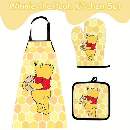 Winnie the Pooh Kitchen Set, including a cartoon apron, heat-resistant gloves, and a heat-resistant mat, bringing joy to your culinary creations.,  Playful Kitchenware, Cheerful Kitchen, Kitchen Gift Set