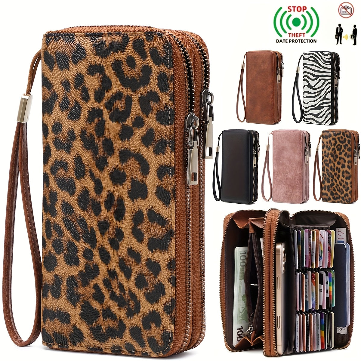 Retro Leopard Print Women'S Double Zipper Multi-Slot Large-Capacity Wallet, Fashion Handbag, Lining, RFID Blocking, Multi-Function Credit Card Clip, Women'S Clutch Bag with Wristband, Birthday Gift, Valentine'S Day Gift