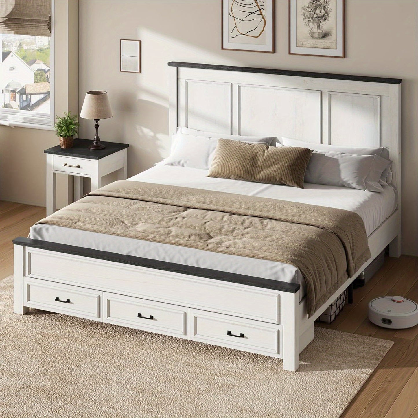 Wooden Platform Bed Frame Featuring a Tall 52.2" Headboard And Footboard, Along with Two Spacious Storage Drawers.
