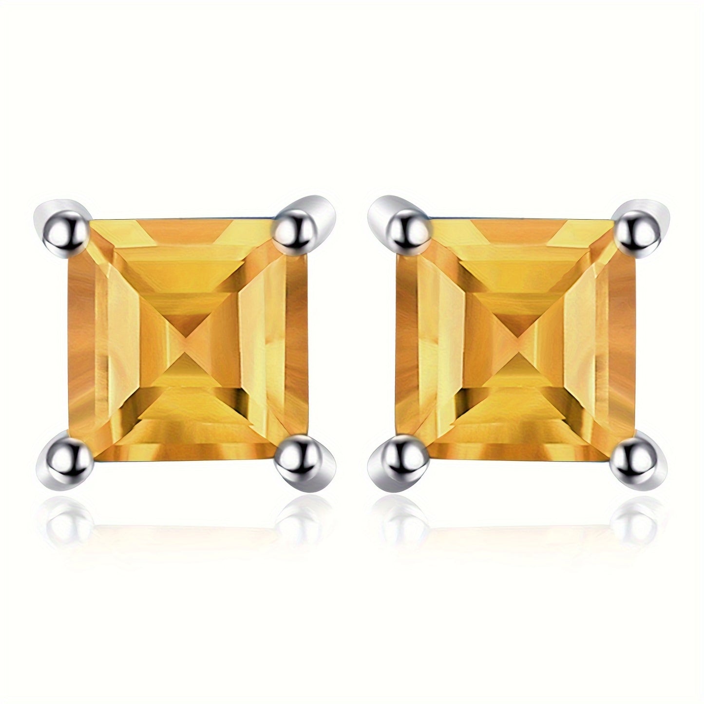 A Pair of 925 Sterling Silver Stud Earrings Featuring a Simple Yet Elegant Classic Design, Adorned with Exquisite Multi-Faceted Square Cut Natural Gemstones Including Amethyst, Citrine, Garnet, Peridot, Topaz, Created, Sapphi
