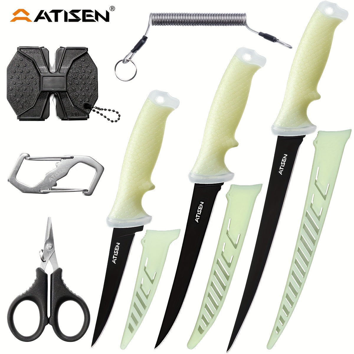ATISEN 10/16pcs Professional Fishing Knife Set, Fish Angle Knife Set - for Filleting And Boning Fish, Dishwasher Safe - Filleting Knife, Road Runner Pliers, Fish Lip Gripper, Knife Sharpener, Retractable S-Buckle W/Harness Gi