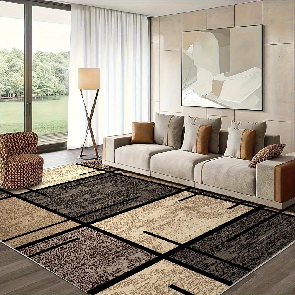 Luxury Velvet Area Mat - Premium Machine Washable, Fade-Resistant Polyester Mat for Living Room, Bedroom, Office, And Outdoor Decor - Rectangle, Lightweight, And Easy to Clean - 850 GSM, Beige And Brown Geometric Pattern, Com