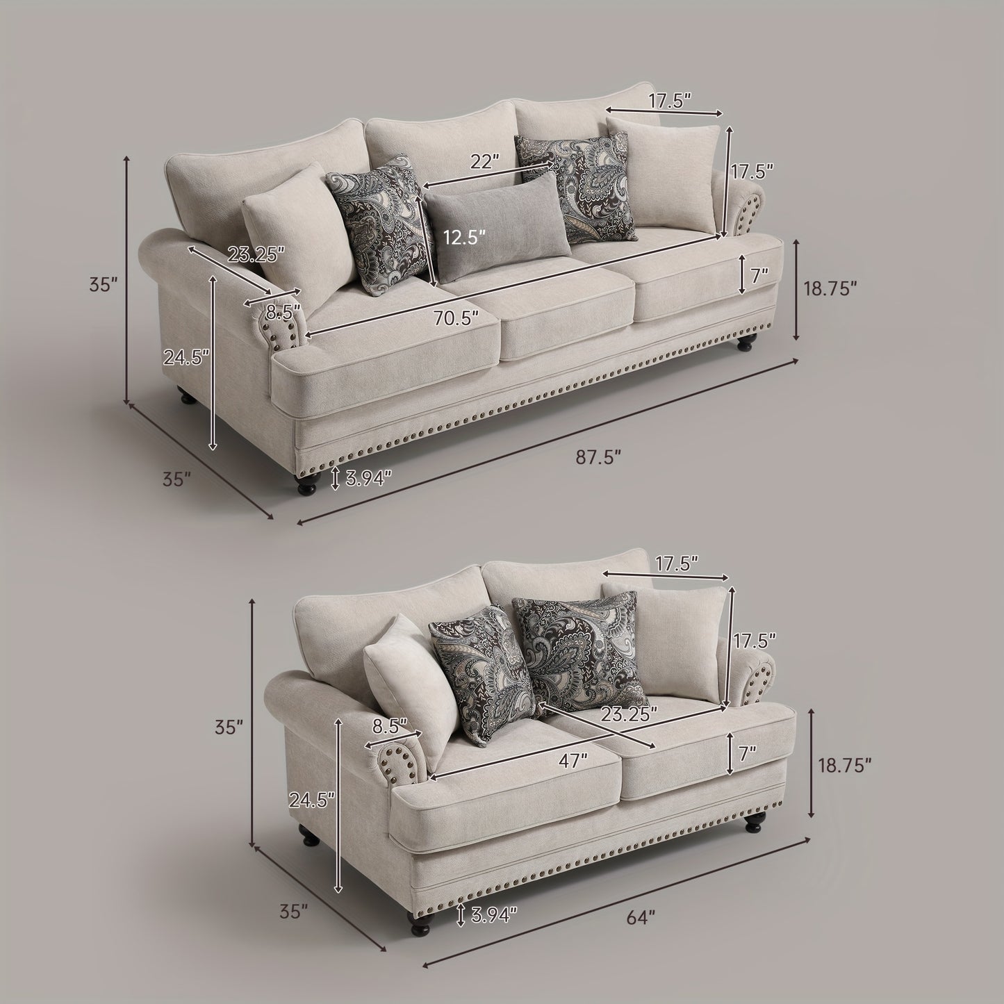 Modern Farmhouse Loveseat And Sofa Set, Chenille Upholstered Couches with Nailhead Trim, Wooden Legs, 9 Accent Pillows, Comfy Sleeper for Living Room