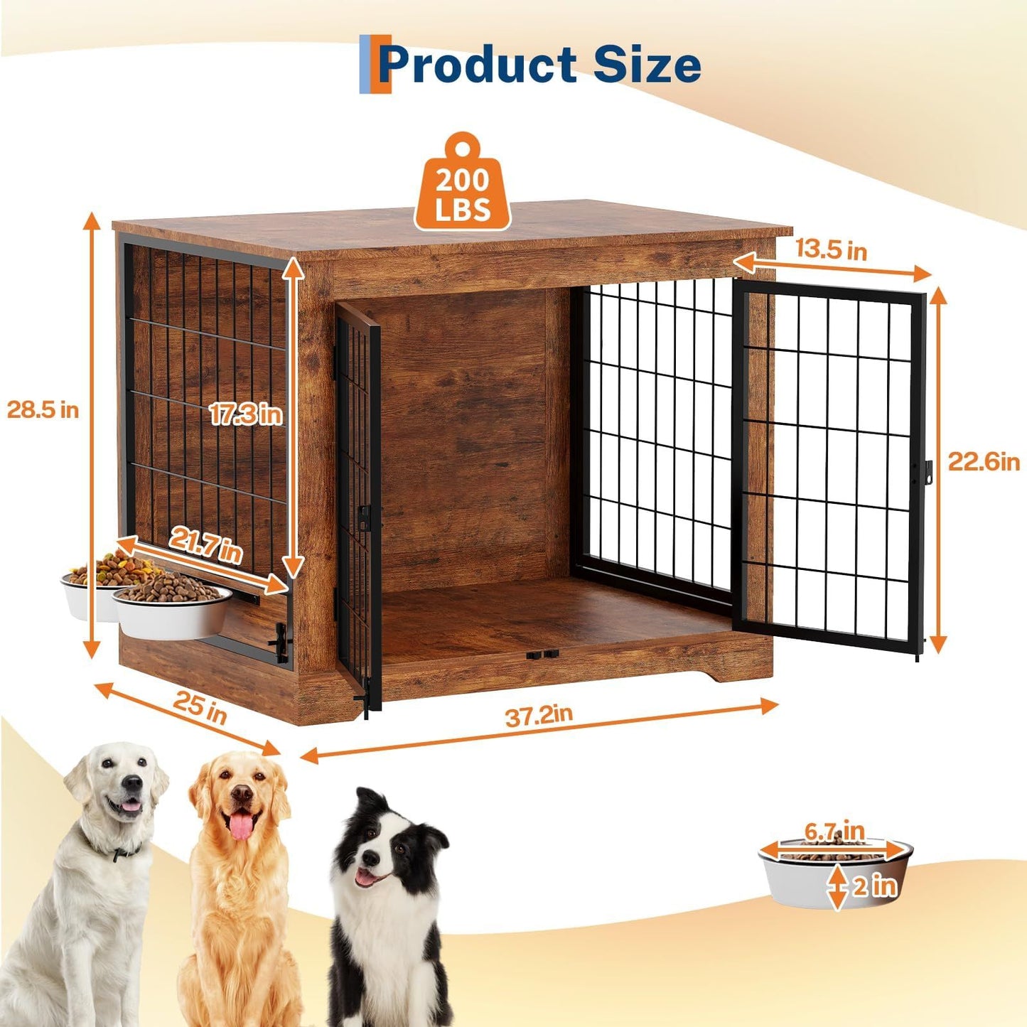 38-Inch Indoor Wooden Dog Crate Furniture | Double Doors for Easy Access, 360° Adjustable Raised Bowls, and Storage Platform, Ideal for Medium to Large Dogs, Brand: GAOMON