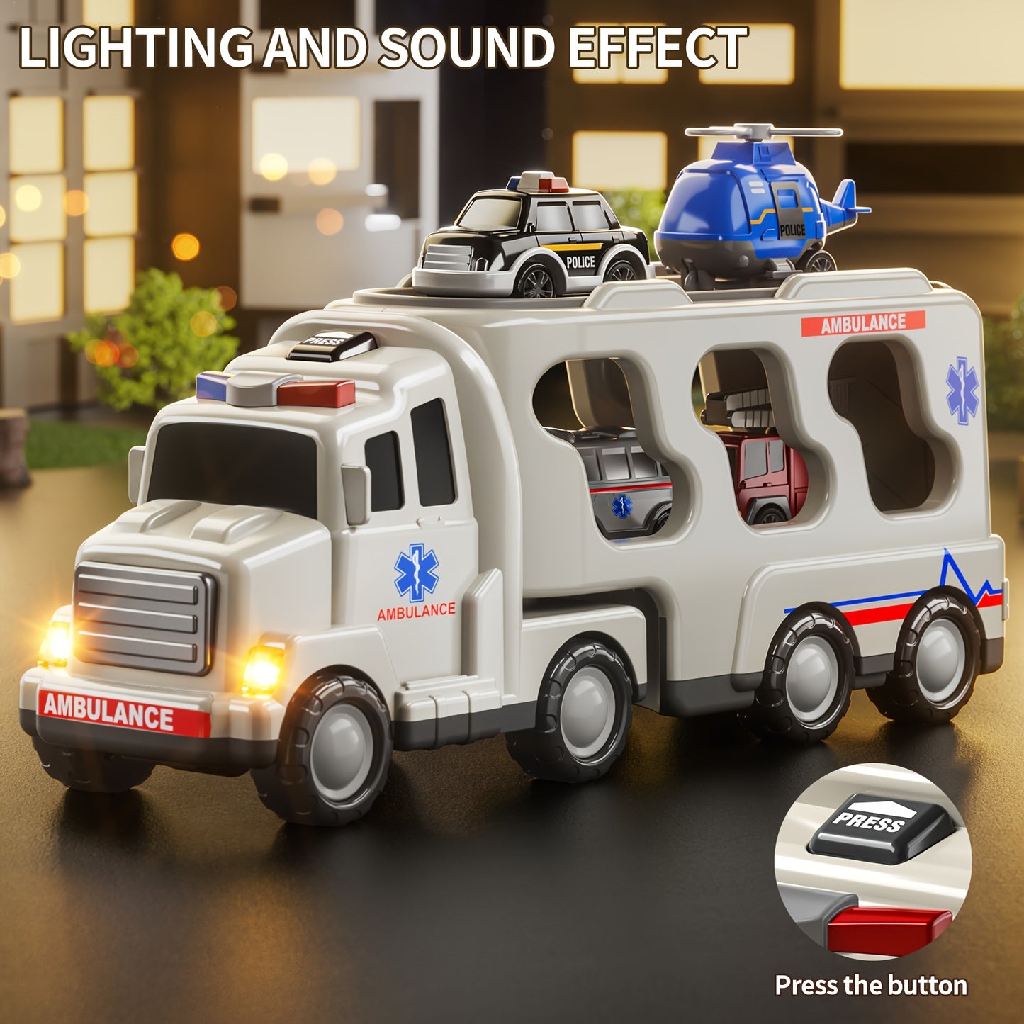 Babyhome Ambulance Truck 5 in 1 with Lighting & Sound, Friction Power Vehicle, Rescue Helicopter, Police Car, Fire Truck, Ambulance, Christmas, Birthday Gift, Interactive Toy Combination Toy Car