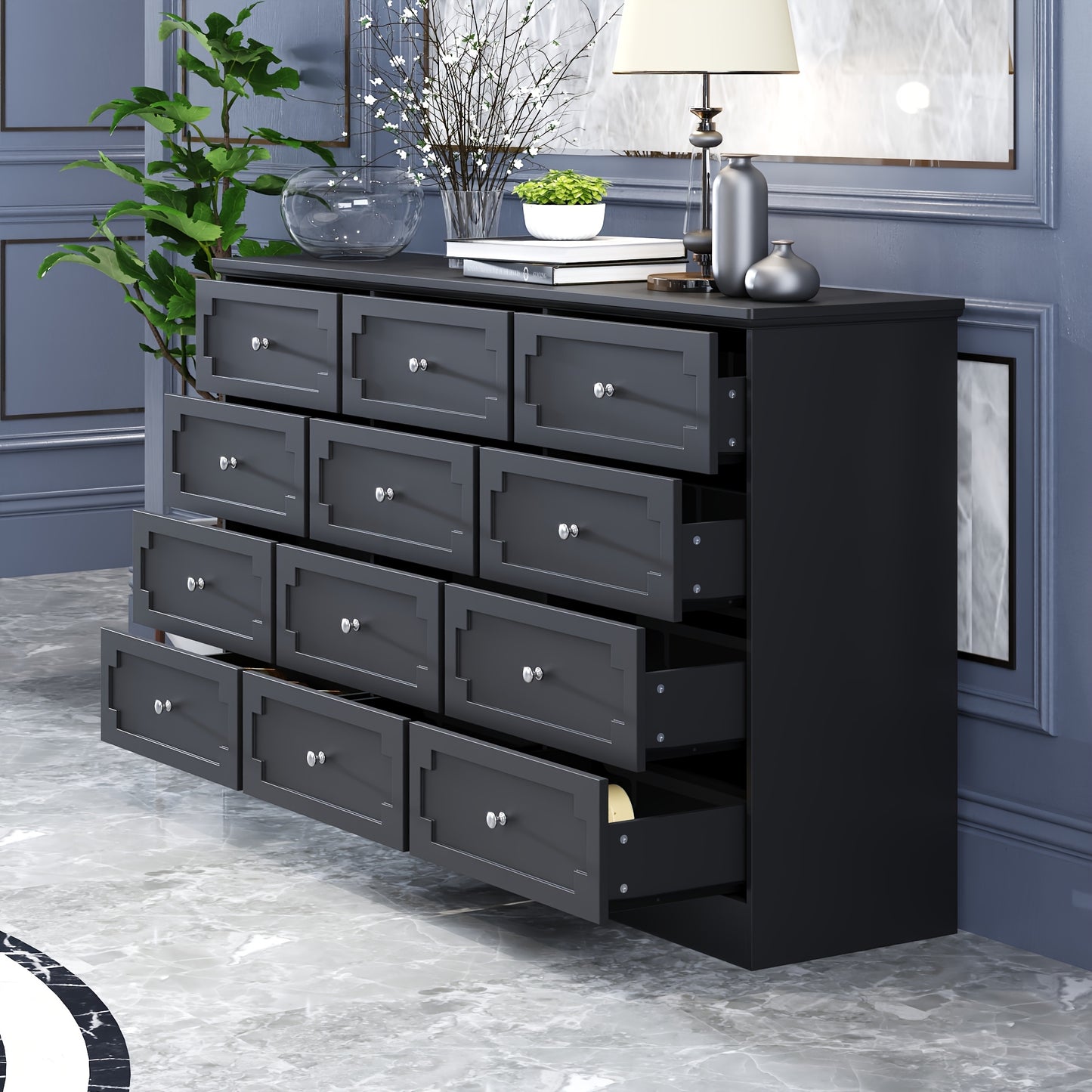 12-Drawer Double Dresser Storage Box, 61'' W Modern Wooden Chest Of Drawers with Handles, Deep Drawers, for Living Room, Bedroom, Hallway, Large Storage Space, Black