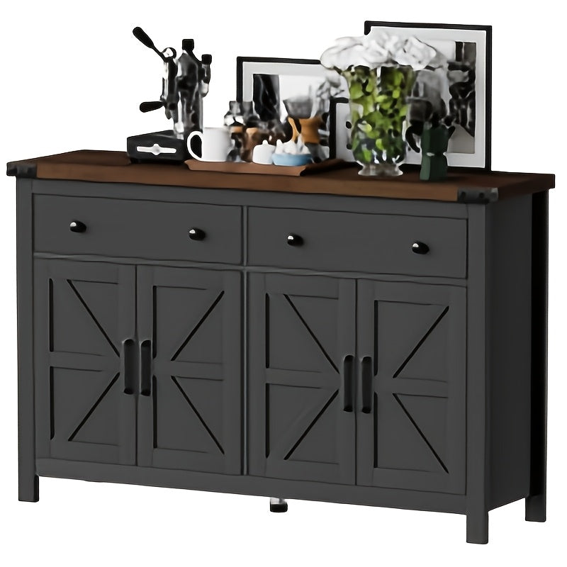55-Inch Sideboard Buffet Cabinet Featuring Storage, a Coffee Bar with Two Drawers And Four Barn Doors, a Long Storage Cabinet in a Modern Farmhouse Style, Made of White Wood, Suitable for The Kitchen, Dining Room, Or Living R