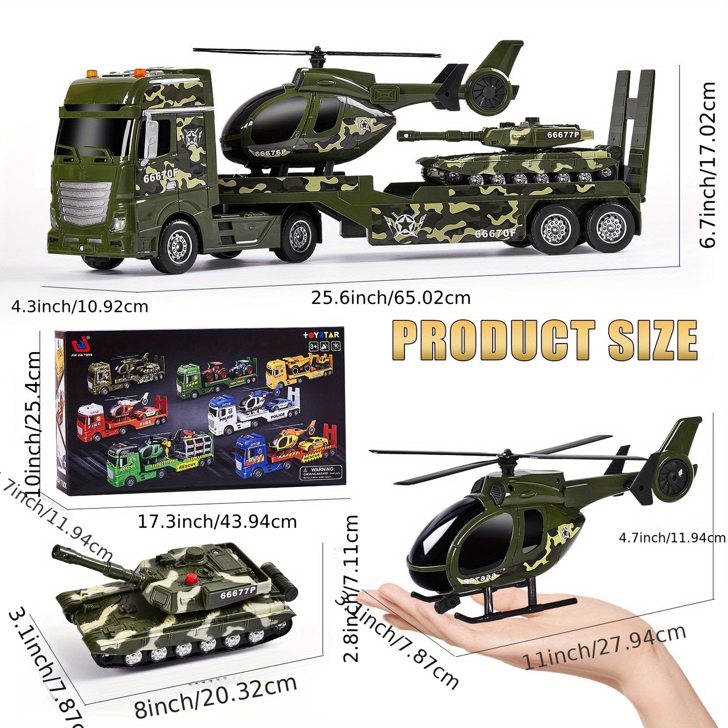 25.6" Large Military Toy Set with Helicopter & Tank - Manual Operation Army Transport Truck with Moving Parts, Realistic Sounds & Lights, Durable ABS Construction for Boys & Girls 3- - Green Camo Design Birthday Gift for Imag