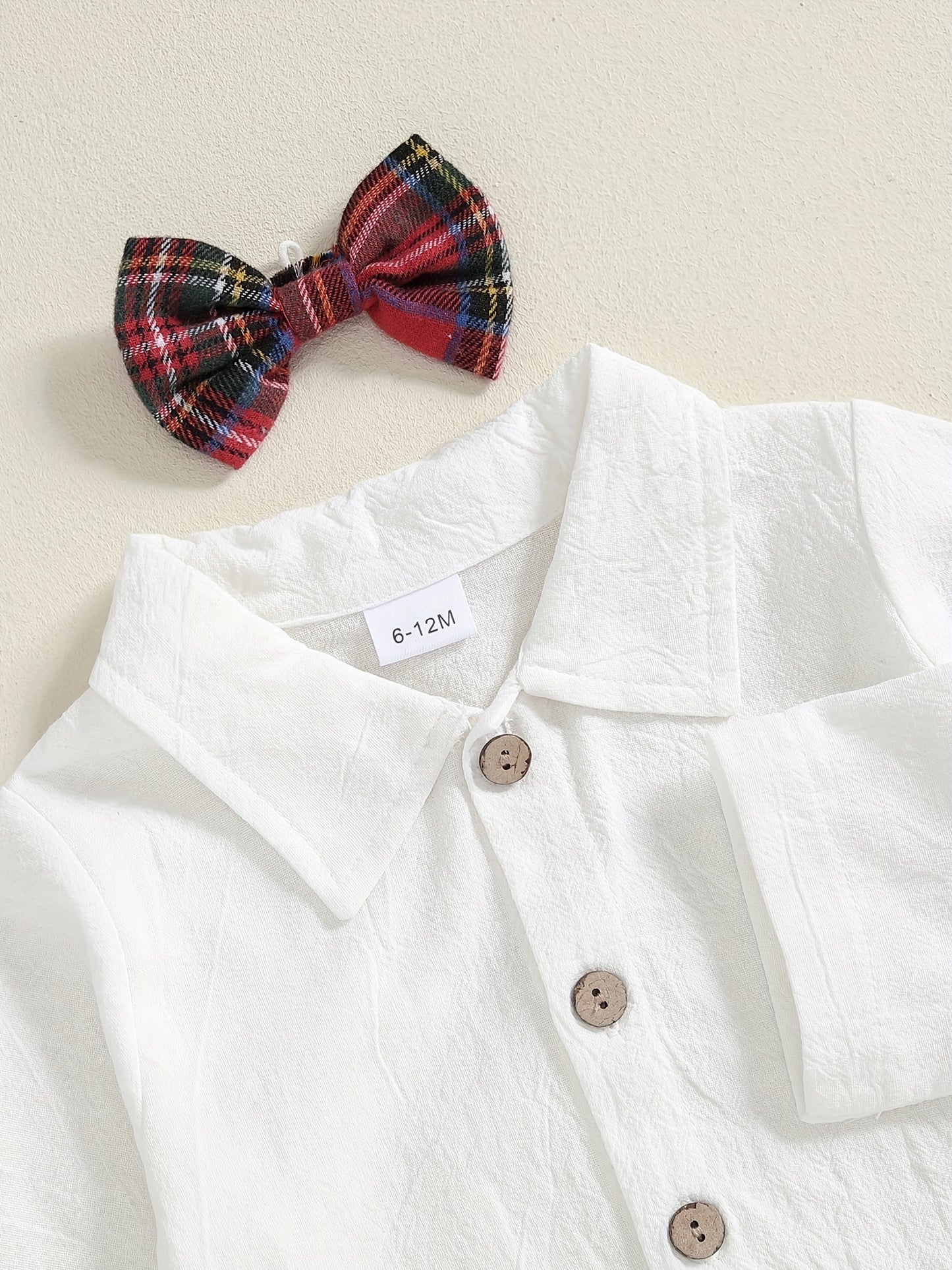 Baby Boy Gentleman Outfit Solid Long Sleeve Lapel Neck Romper with Plaid Suspender Pants and Bow Tie 3pcs Set, for Outdoor