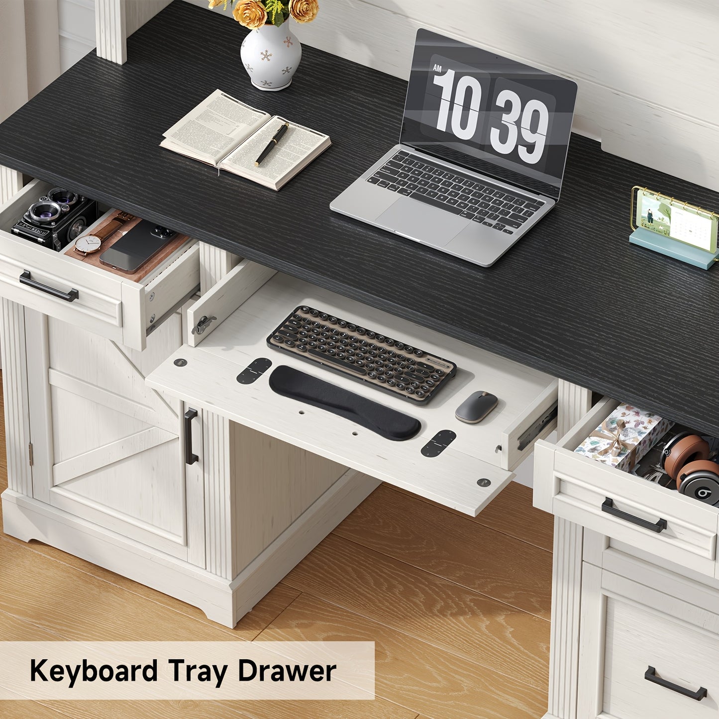 73-inch H Farmhouse Style Executive Desk with Bookshelves And Charging Station | Desk with 5 Drawers, Locker, And Cable Management System, Home Computer Workstation, Off White& Black