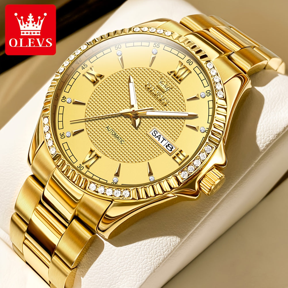 OLEVS Luxury Men'S Automatic Mechanical Watch with Luminous Hands & Dual Calendar - Stainless Steel Business Chronograph, Golden-Tone Dial, High Quality (1181.1inch) - Self-Winding Movement, No Battery/Easy Maintenance, Elega