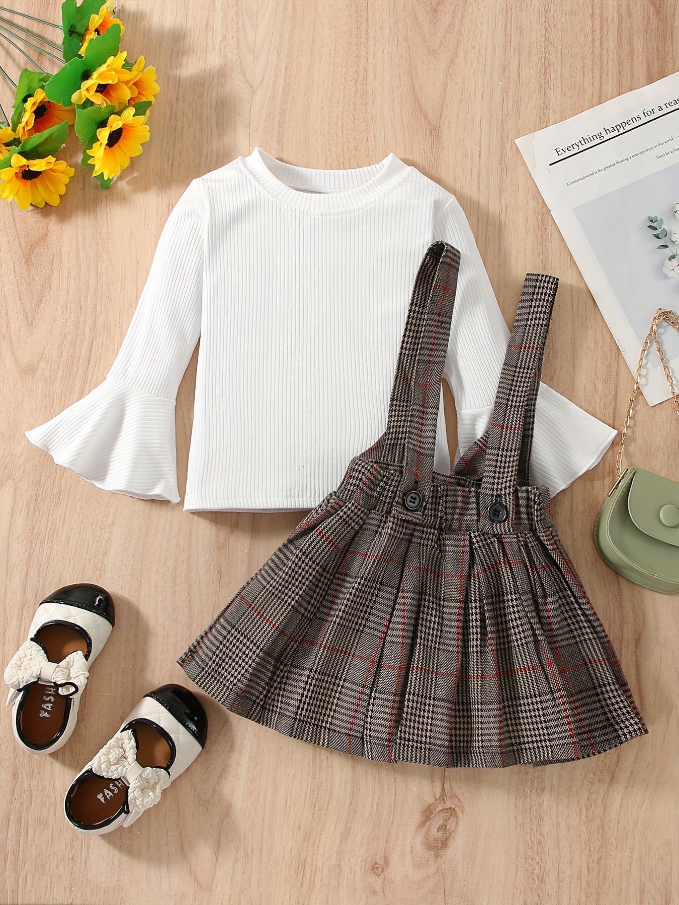 Ribbed Knit Top with Plaid Suspender Skirt Set, Kids Halloween Christmas Party Outfit, Bell Sleeve And Bow Detail