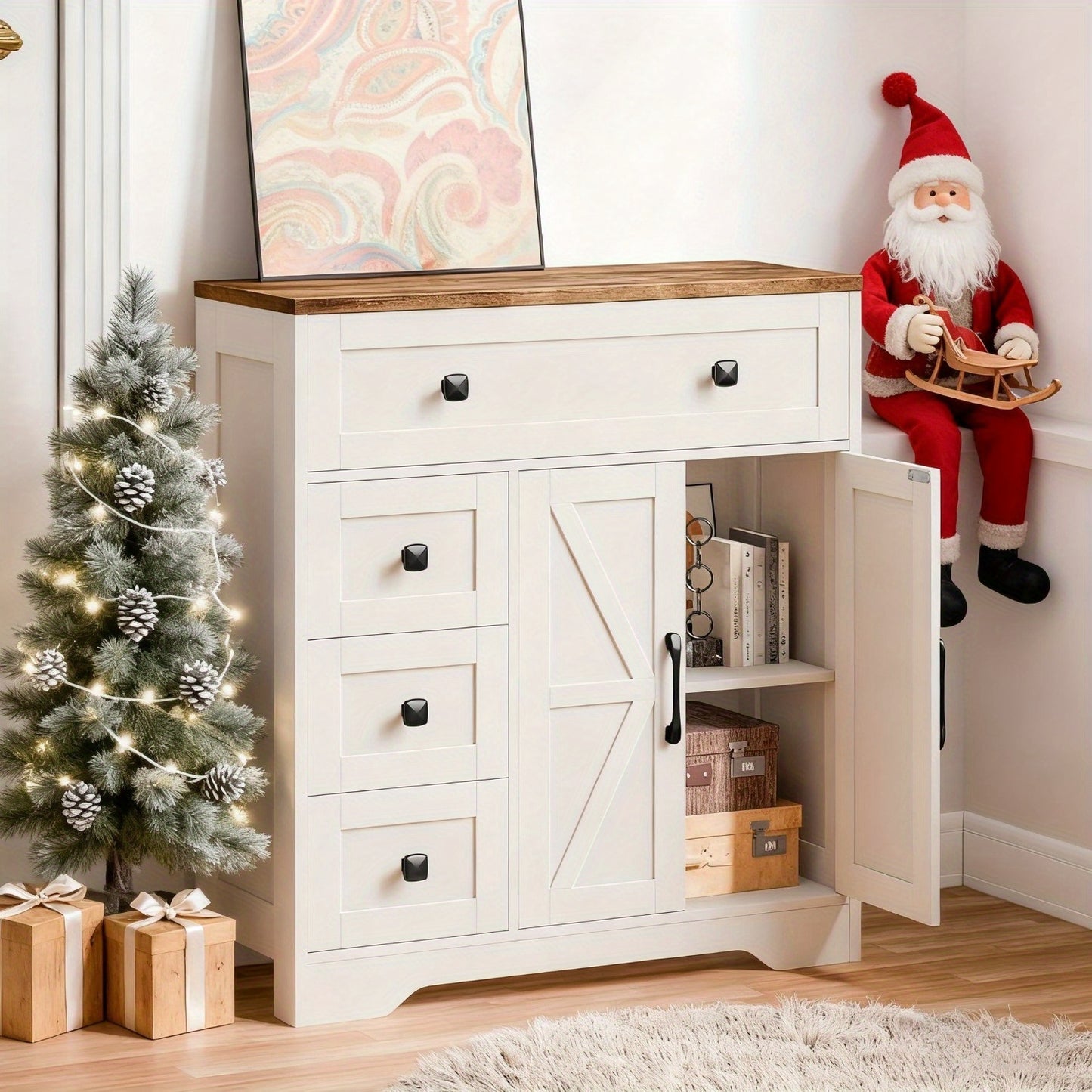 2 Door 4 Drawer Storage Cabinet Freestanding Bathroom Kitchen Organizer with Adjustable Shelves, Multi-Purpose Floor Cupboard for Living Room, Bedroom, Bathroom, Kitchen Pantry - Modern Home Storage Hutch