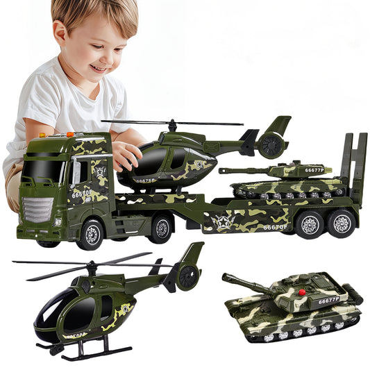 25.6" Large Military Toy Set with Helicopter & Tank - Manual Operation Army Transport Truck with Moving Parts, Realistic Sounds & Lights, Durable ABS Construction for Boys & Girls 3- - Green Camo Design Birthday Gift for Imag