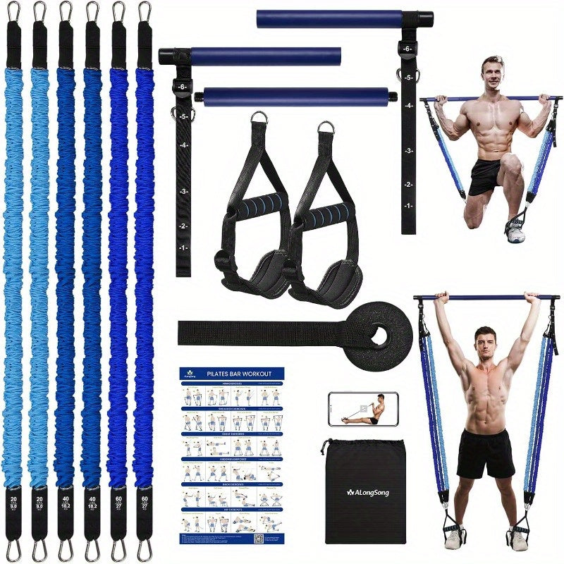 Pilates Bar Kit with Resistance Bands 20-240LBS, Upgraded Natural Latex for Women & Men, Heavy-Duty Stainless Steel Multifunctional Yoga Pilates Stick for Home Gym Exercise Fitness Equipment Full-Body Workouts-Blue