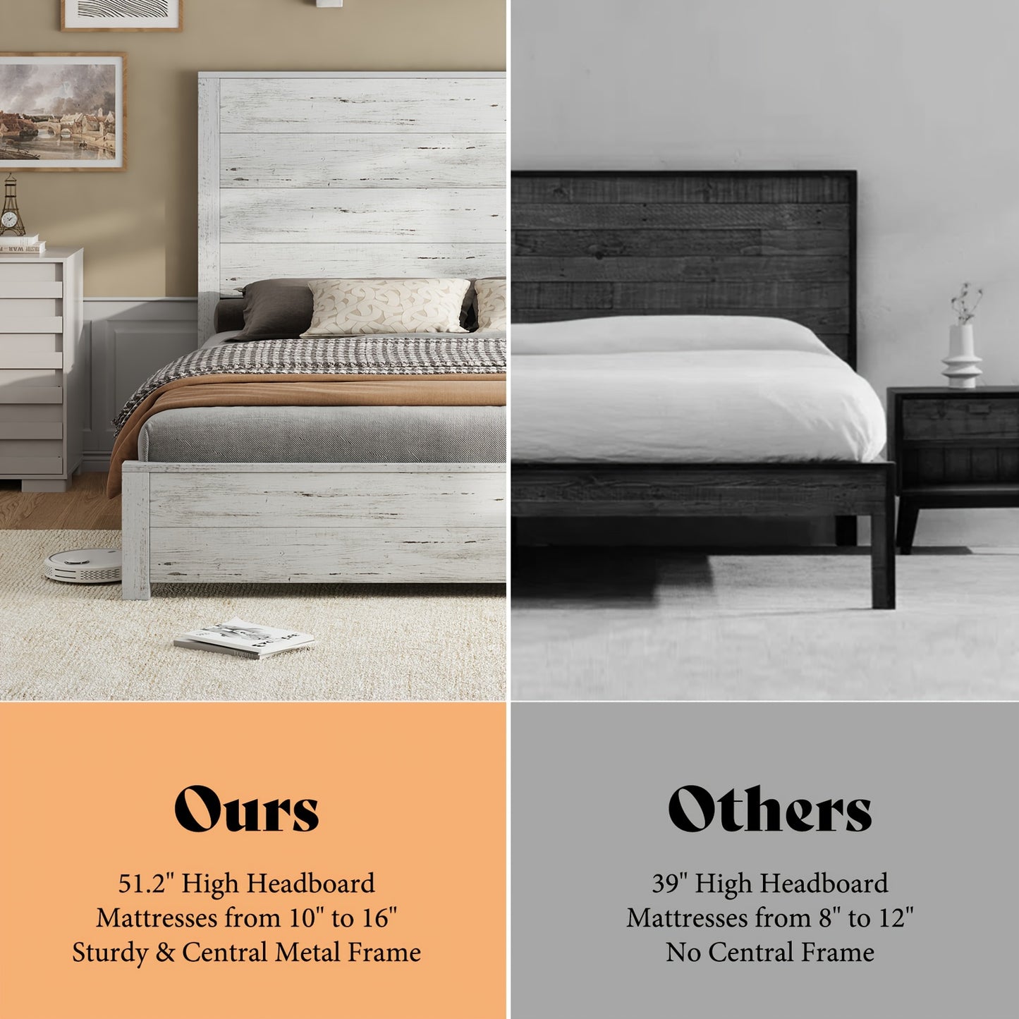 Wooden Platform Bed Frame Featuring a Joined Headboard, Rustic Style, Silent Wood Slat Support, And Does Not Need a Box Spring