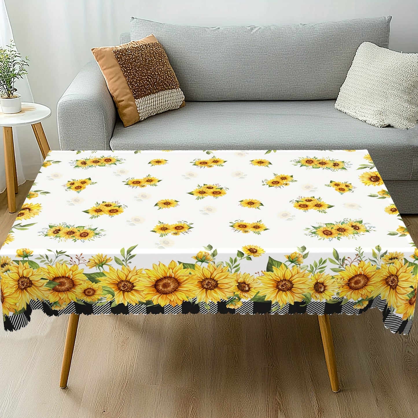 1pc Tablecloth+4pcs Anti Slip Stickers, Floral Themed Printed Tablecloth, Farmhouse Style, Blooming Sunflowers Design, Wedding Season, Anniversary, Mother's Day, Camping Picnics, Party Decor, Kitchen Accessories, Room&Outdoor