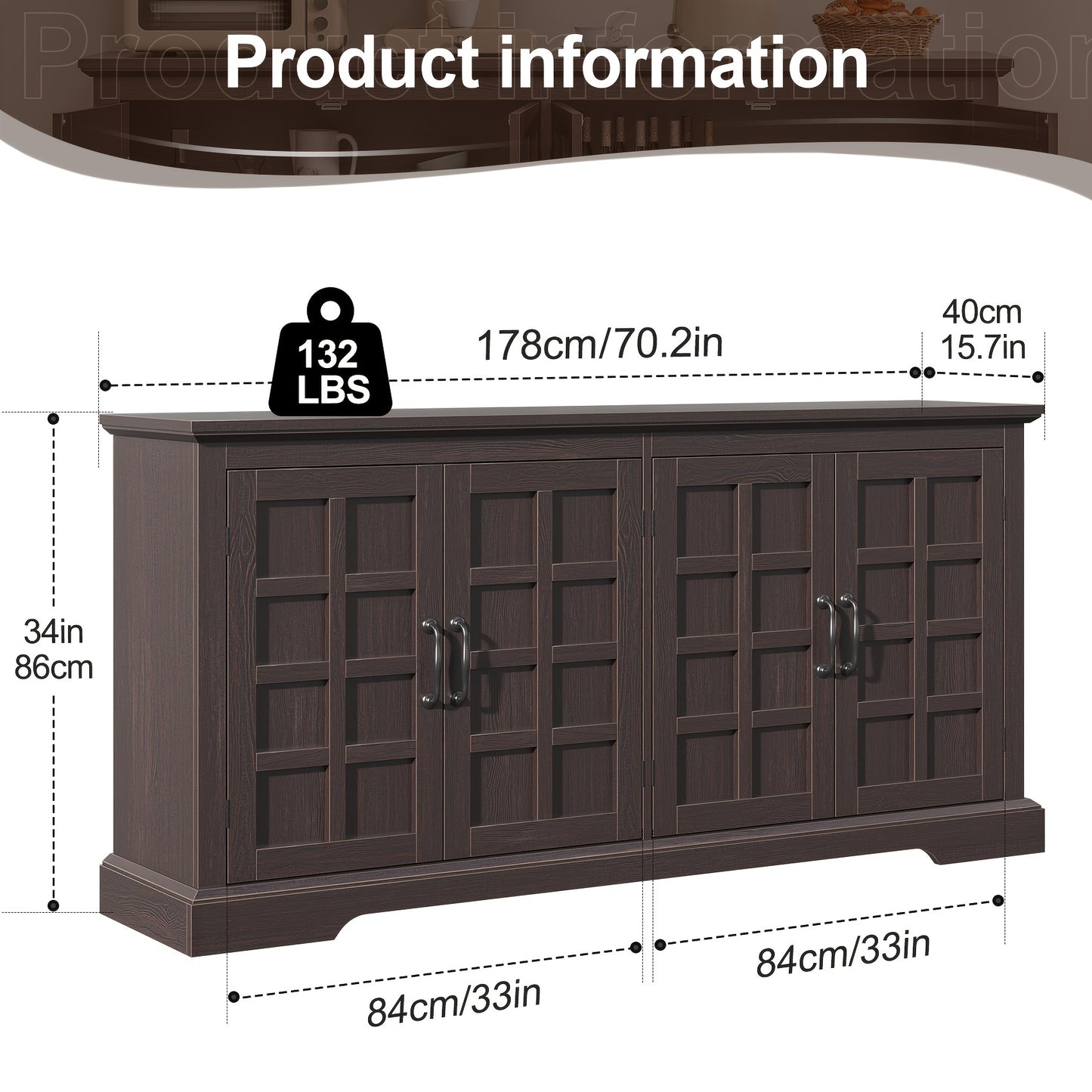 70" Large Buffet Cabinet, Kitchen Pantry Cabinet, Farmhouse Buffet Sideboard Cabinet With Doors And Shelves, Buffet Table Coffee Bar Wine Bar Storage Cabinet For Kitchen, Living Room, Dark Brown