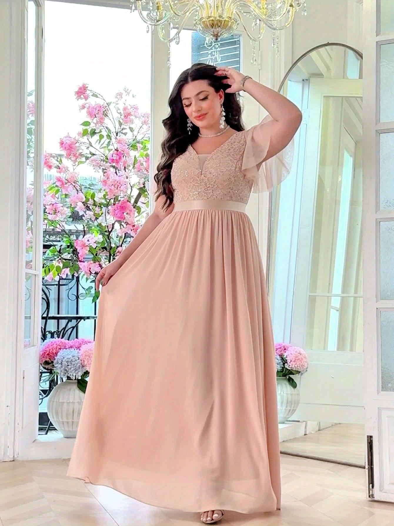 Plus Size - P54385A Elegant Plus Size Sequin Lace Bridesmaid Dress, Sweetheart Neckline With Mesh Ruffle Sleeves, Pleated Chiffon Skirt For Formal Parties, Evenings, Weddings