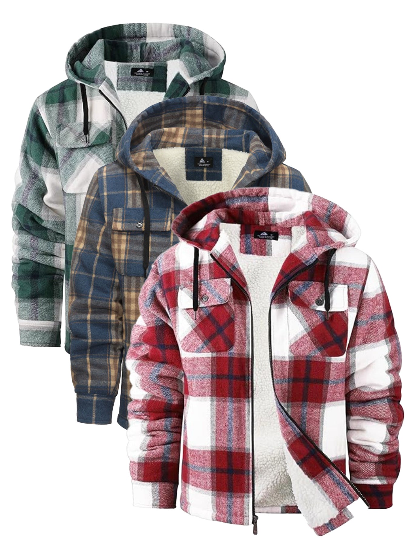 3pcs Sets Fashion Flannel Plaid Shirt Jacket for Men Sherpa Lined Zip Up Hoodies Shirts Jackets