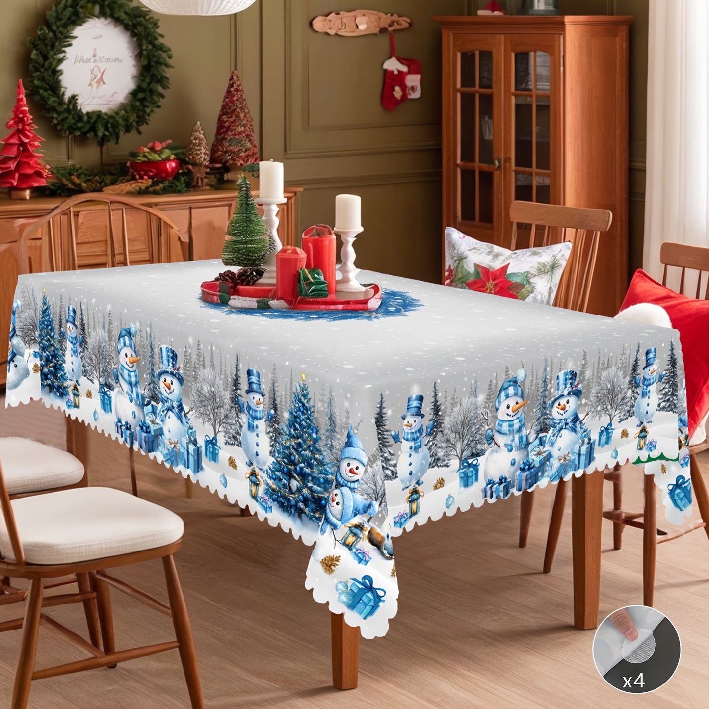 1pc Merry Christmas Themed Printed Tablecloth, Farmhouse Style, Snowman, Christmas Tree Pattern Design, Christmas, New Year Gatherings, Parties Decor, Kitchen Accessories, Room&Outdoor Decor, Gift to Friends, Rectangular&Roun