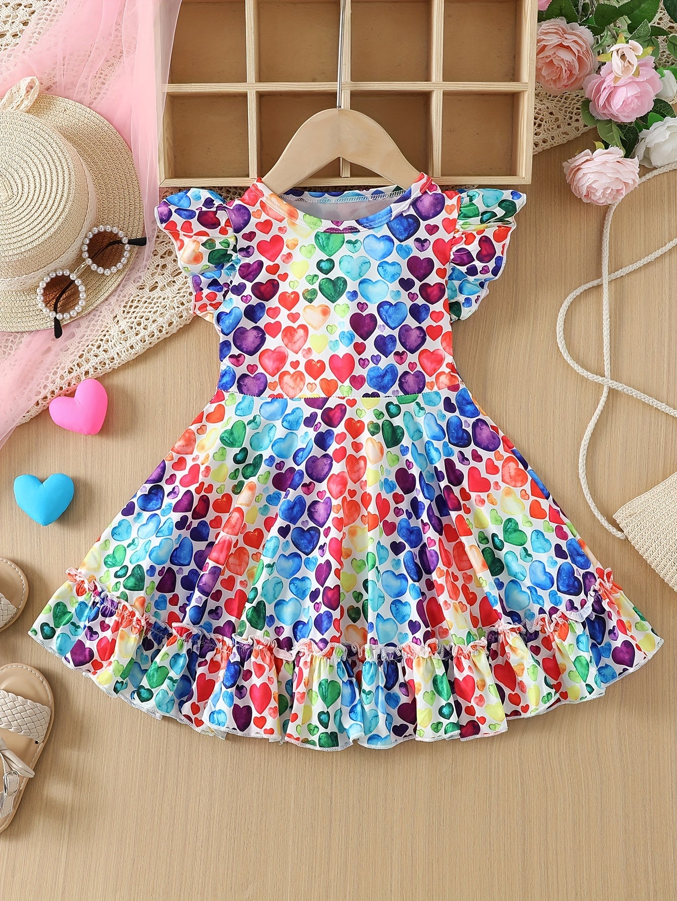 1pc Elegant Polyester Dress for Girls, Ruffled Hem Princess A-Line with Flutter Sleeves, Colorful Heart Pattern, Spring/Summer Knitwear