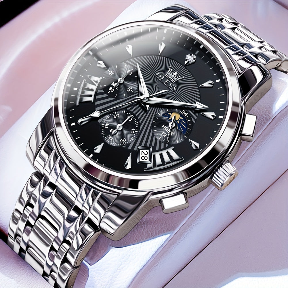 OLEVS Watch for Men Chronograph Stainless Steel Case Analog Quartz Fashion Business Dress Large Face Men Watch Day Date Luminous Casual Male Wrist Watch, Office Accessory, Casual Attire, Classic Design, Elegant Timepiece, Hig