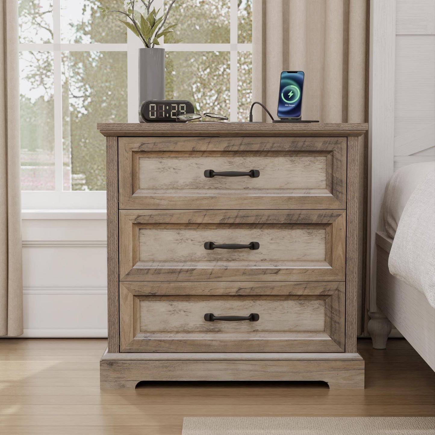 Wooden Bedside Table Featuring a Charging Station, Equipped with Three Drawers And Metal Handles, Perfect for Bedroom Storage.