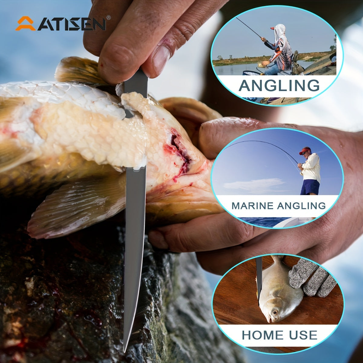 ATISEN 8pcs Fish Horn Knife Set, Fishing Set, Filleting Knife, Cutting Gloves, Cleaning Sponge, Fishing Line Cutter with Stretching Cord Loss Prevention, Wilderness Survival Knife, Outdoor Camping Supplies, Suitable Gifts for