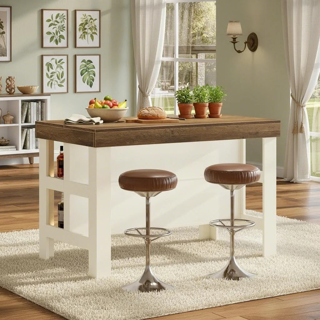 Modern Farmhouse Kitchen Island with Seating & Breakfast Counter - 55.1-Inch & Engineered Wood Island Table Suitable for Kitchen Dining Room, Open Shelving, Counter-Height Table, Space-Saving