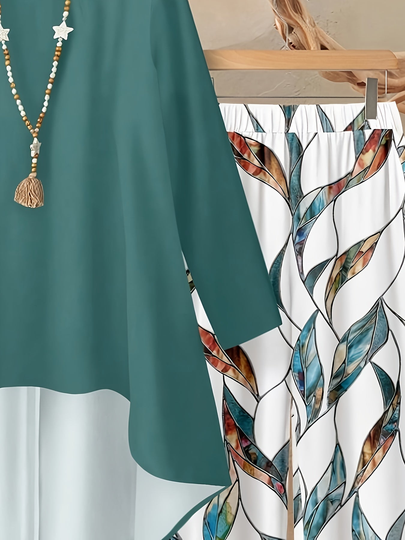 Women'S 2pcs Set - Elegant Leaf Print Long-Sleeve Top & Pants, Loose Fit, All-Season Comfort, Casual Style, Perfect for Fall & Winter, Casual Wear|Elegant Casualwear|Comfortable Fit, Ladies Pants