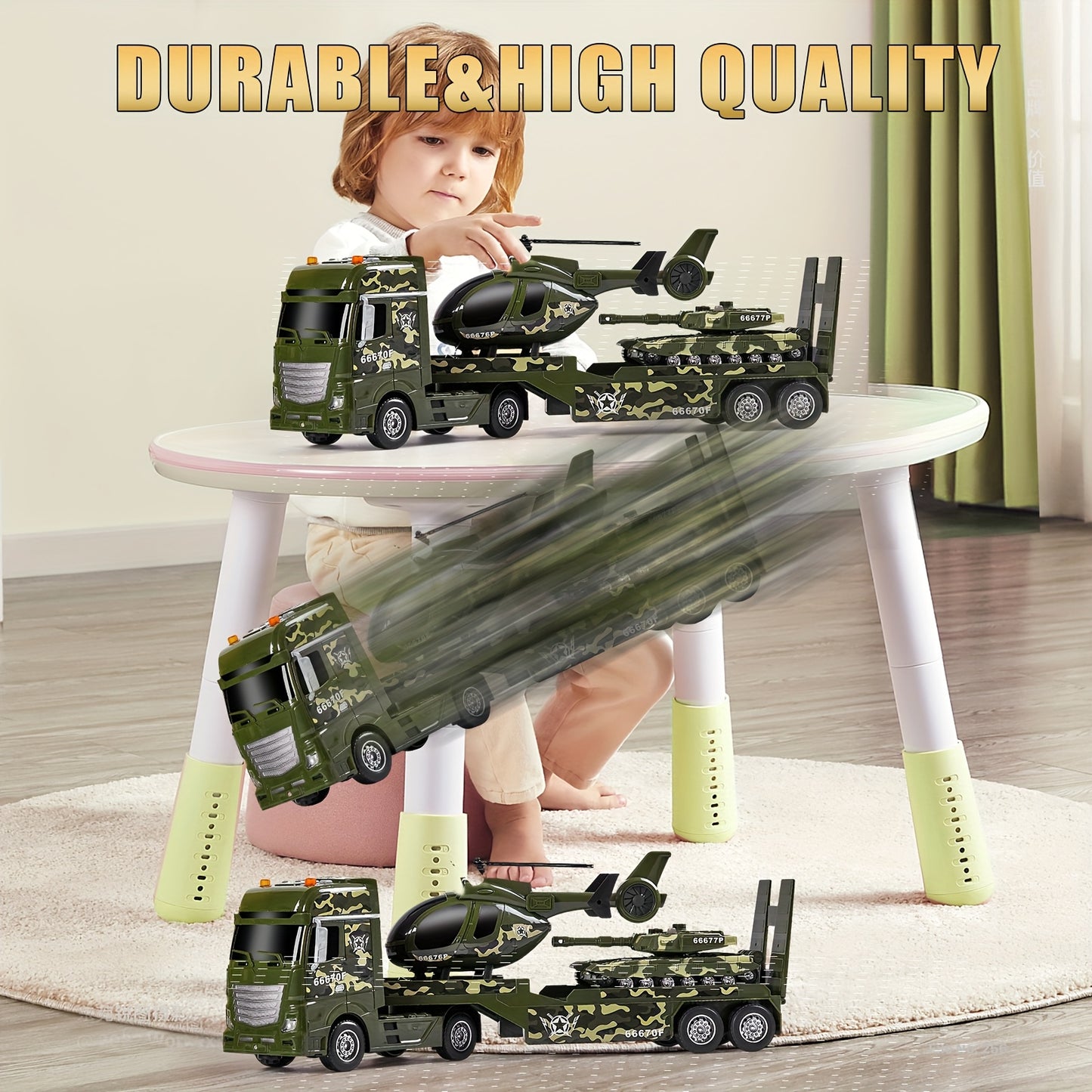 25.6" Large Military Toy Set with Helicopter & Tank - Manual Operation Army Transport Truck with Moving Parts, Realistic Sounds & Lights, Durable ABS Construction for Boys & Girls 3- - Green Camo Design Birthday Gift for Imag