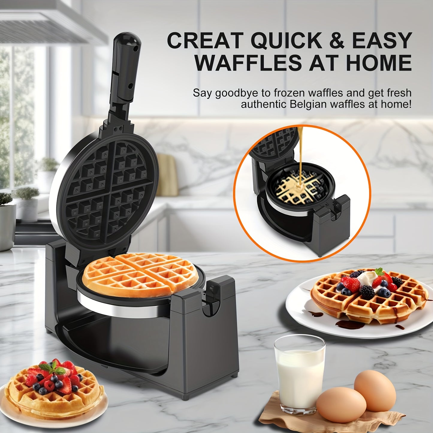 Waffle Maker, Rotating Belgian Waffle Maker, 180° Flip Waffle Iron, Non-Stick Plate, Adjustable Browning Control, Foldable Cool Touch Handle, Removable Drip Tray, Stainless Steel, Space Saving Storage
