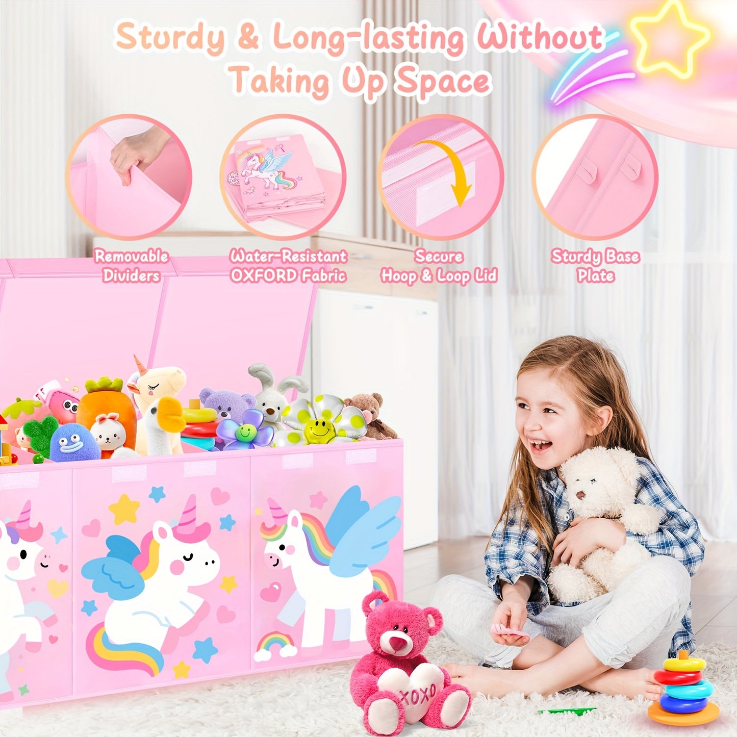 Extra Large Collapsible Toy Box with Lids - Sturdy Storage Organizer for Toys, Black Pink Chest Bin for 14+ Boys & Girls, Perfect for Playroom, Bedroom, Nursery, Toy Storage Organizer, Playroom Organizer - Vibrant Illustratio