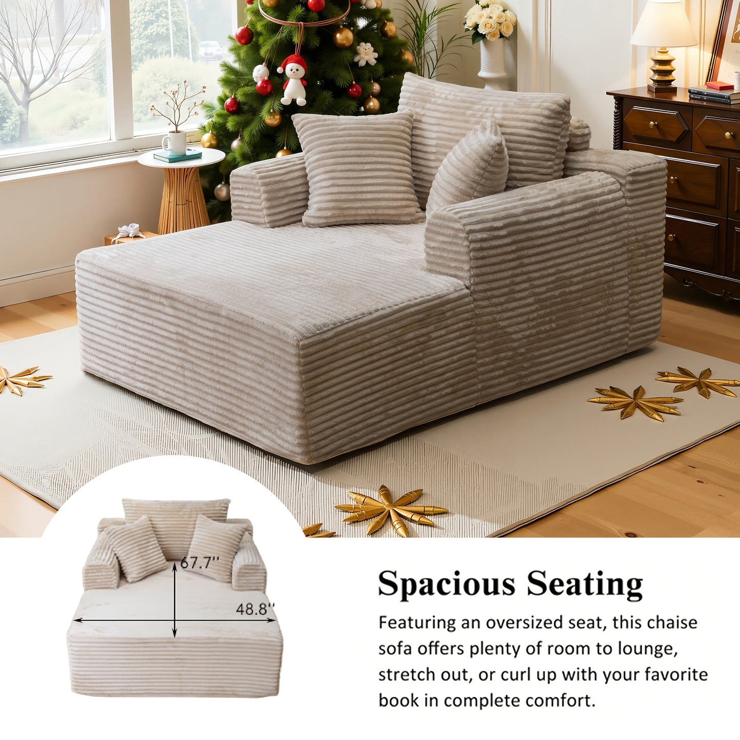 Indoor Oversized Corduroy Upholstered Boneless Sofa Bed Chaise Lounge - Deep Seat Sleeper Couch & Reading Chairs, Cloud Sofas for Living Room, No Assembly Required