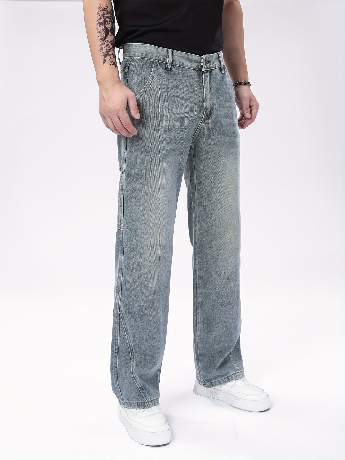 Men's Heavyweight 100% Denim Straight-Leg Jeans - Light Wash Vintage Look, All-Season Comfort, Classic Five-Pocket Design (Kangaroo Pocket & Cuffed Hem) - Casual & Formal Wear, Machine Washable - Navy Blue Bicycle Style Trous