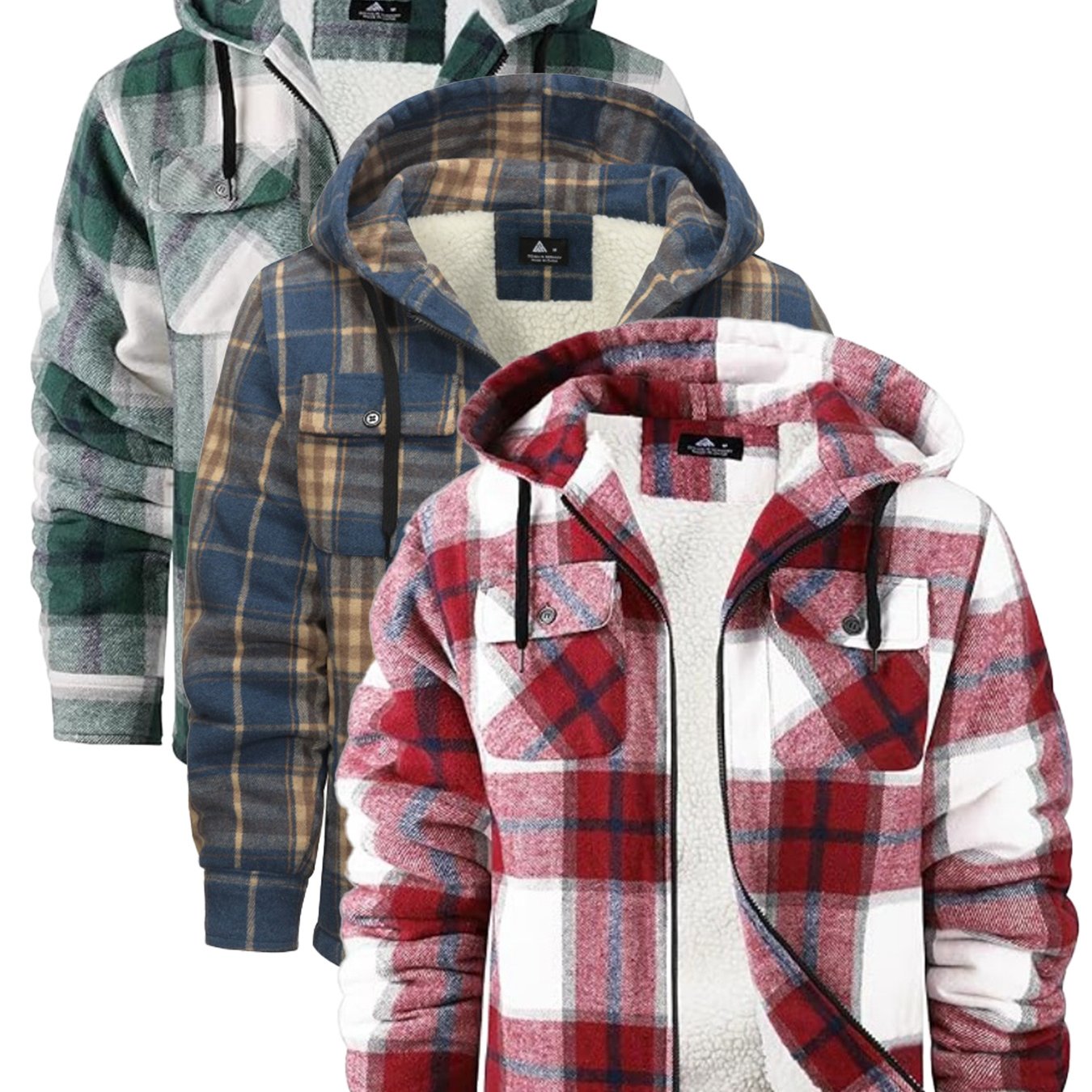 3pcs Sets Fashion Flannel Plaid Shirt Jacket for Men Sherpa Lined Zip Up Hoodies Shirts Jackets