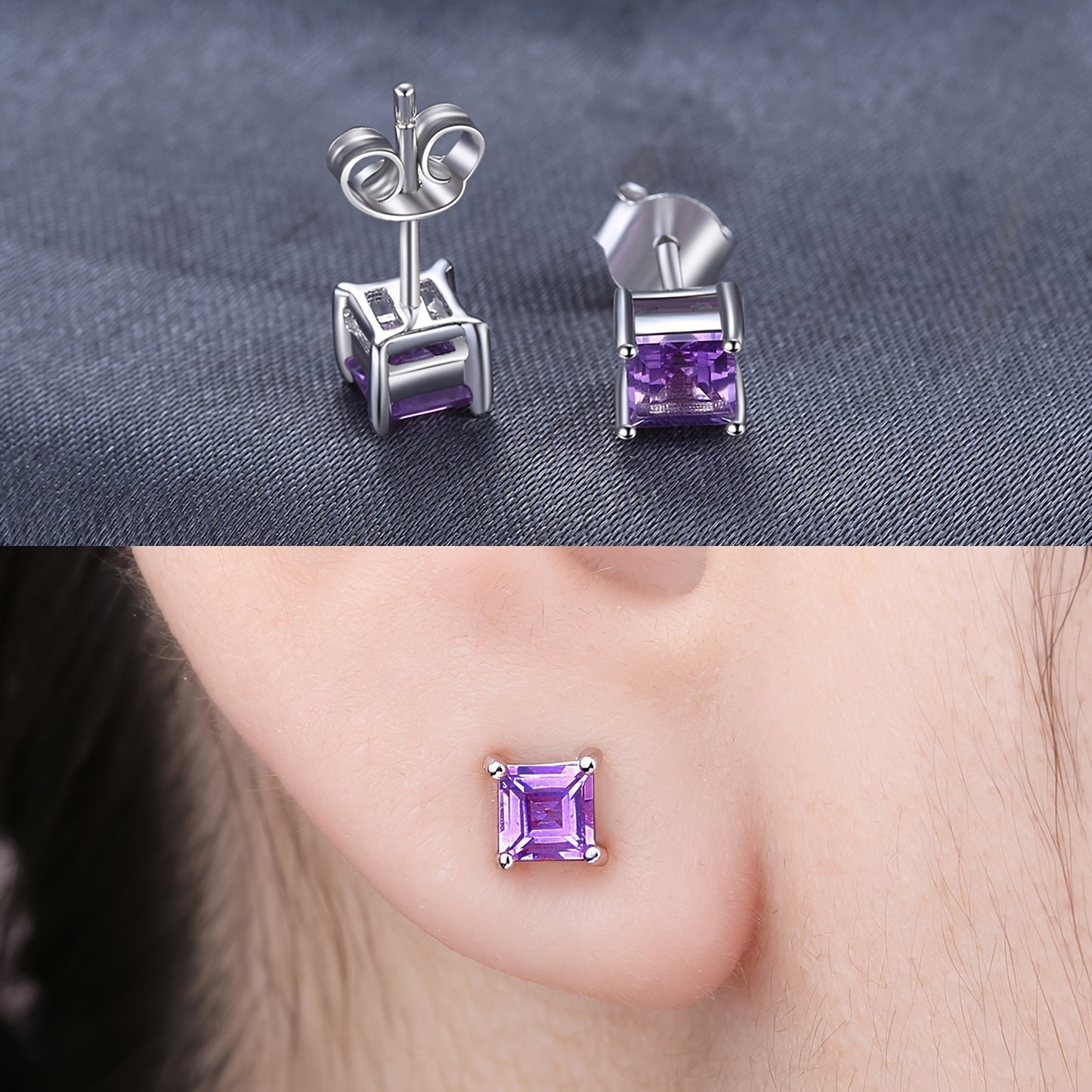 A Pair of 925 Sterling Silver Stud Earrings Featuring a Simple Yet Elegant Classic Design, Adorned with Exquisite Multi-Faceted Square Cut Natural Gemstones Including Amethyst, Citrine, Garnet, Peridot, Topaz, Created, Sapphi