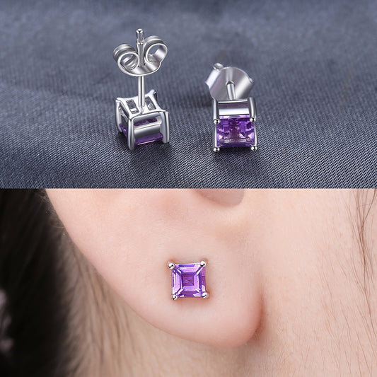 A Pair of 925 Sterling Silver Stud Earrings Featuring a Simple Yet Elegant Classic Design, Adorned with Exquisite Multi-Faceted Square Cut Natural Gemstones Including Amethyst, Citrine, Garnet, Peridot, Topaz, Created, Sapphi