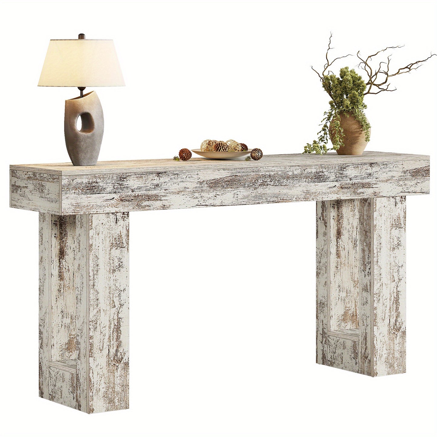 63" Farmhouse Console Table, Natural Wooden Sofa Table Rectangular Accent Console for Entryway, Hallway & Living Room (Distressed White)