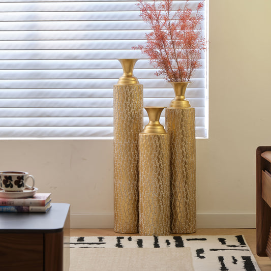 Metal Decorative Vases High Distress Metal Center Vases With Growing Vine Patterns, Set Of 3 Vases For Home Decoration 34 ", 29 ", 25 "H, Golden, Valentine'S Day Gifts, New Home/office Decoration Gifts, Wedding Centerpiece Va