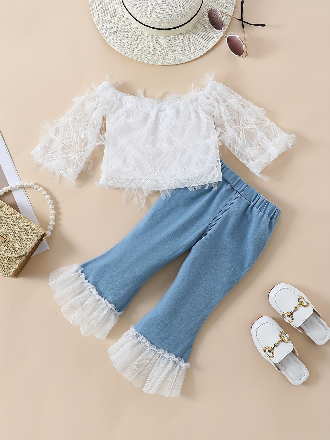 White Lace Off-The-Shoulder Top with Faux Denim Bell Bottom Faux Denim, Tulle Trim Halloween Christmas Outfit, for Outdoor