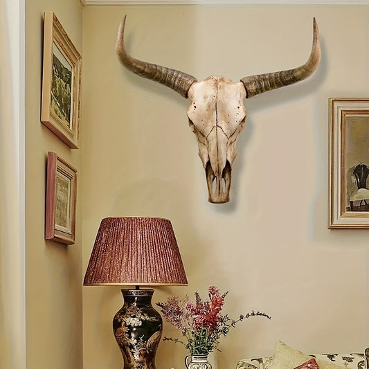 1pc Rustic Resin Bull Skull Wall Decor with Realistic Horns - Farmhouse Western Cowboy Home Decoration, Antler-like Horns, Indoor/Outdoor Hanging Art for Living Room, Office, Cabin - Durable Resin Construction, Easy Mounting